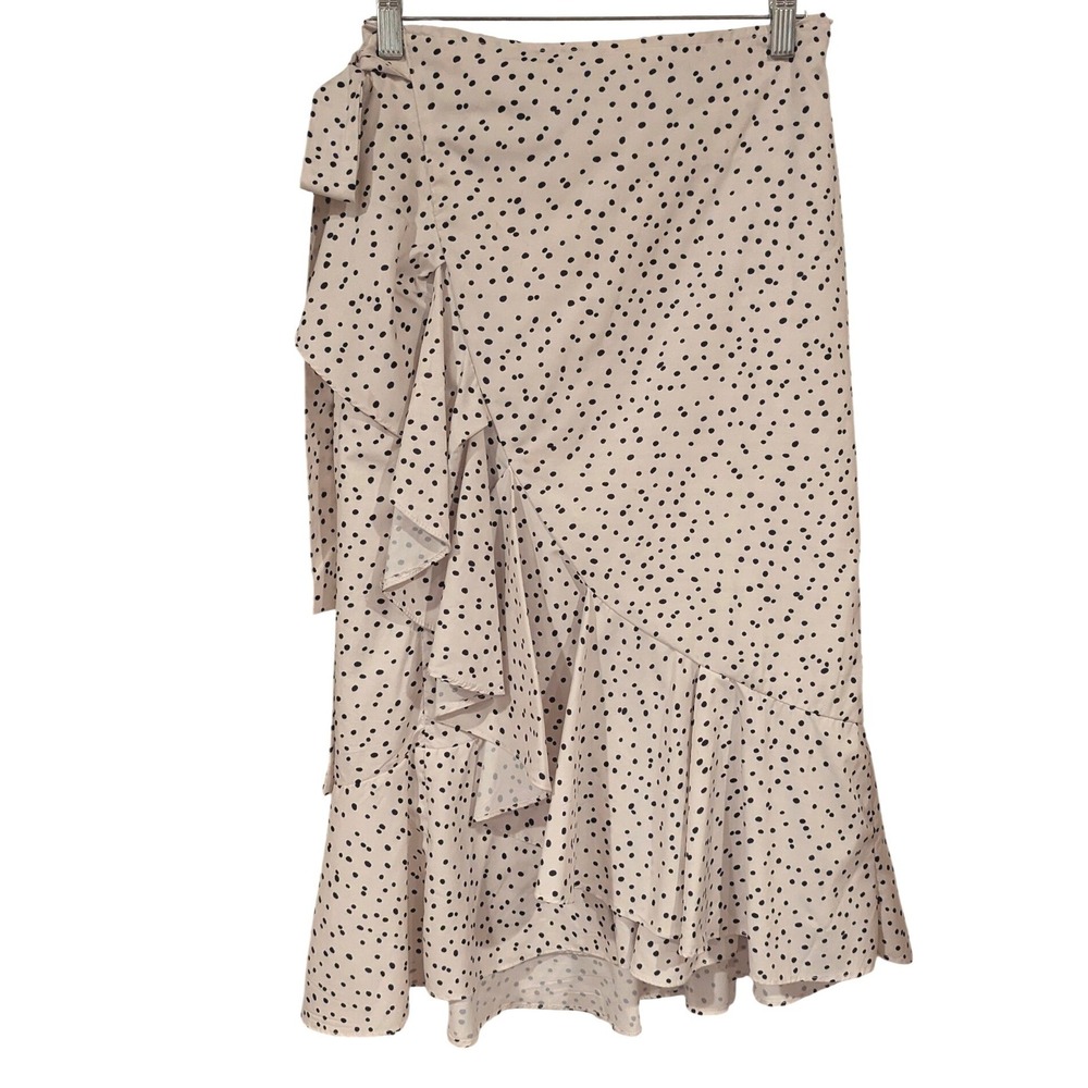 INA White‎ Black Polka Dot Ruffle Full Wrap Midi Skirt Womens Size M French Girl